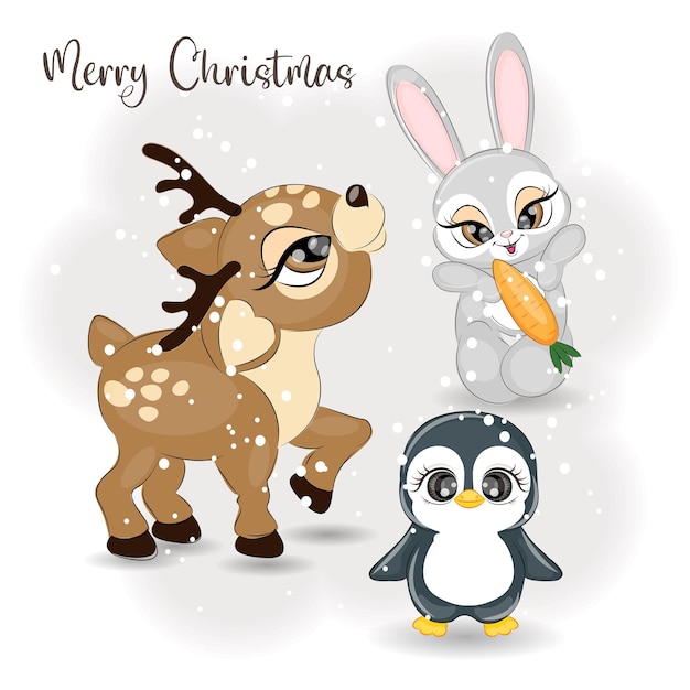 Ładny Boże Narodzenie Renifer Zając I Pingwin Ilustracji Wektorowych