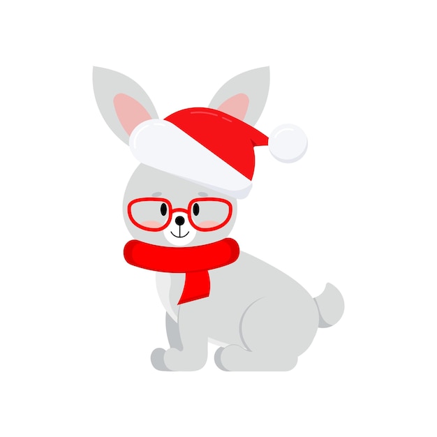Plik wektorowy Ładny bożonarodzeniowy króliczek królik ikona izolowana na białym tle zwierzę hodowlane szczęśliwy królik w święty mikołaj okulary czerwony kapelusz i szalik postać z kreskówki płaski projekt graficzny wektor ilustracja