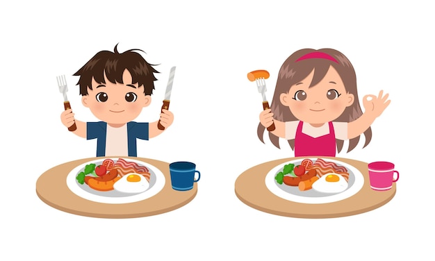 Ładny Chłopak I Dziewczyna Jeść śniadanie Ręką Pokazano W Porządku Gest. Mieszkanie