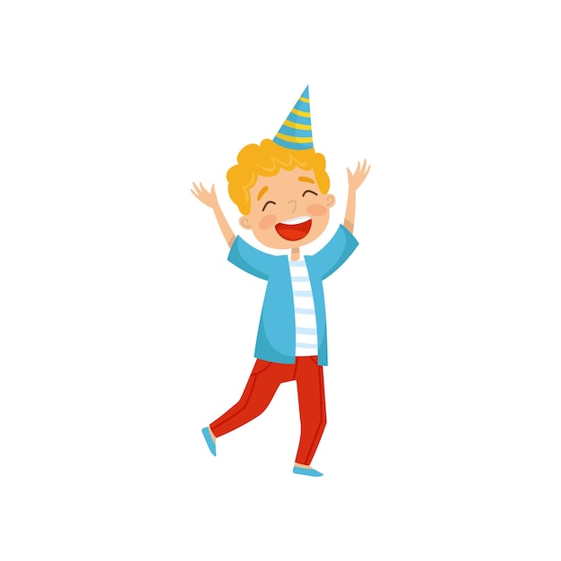 Ładny Chłopak W Party Hat Zabawy Na Urodziny Party Kreskówka Wektor Ilustracja Na Białym Tle