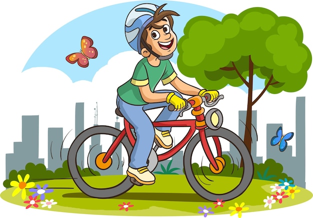 Plik wektorowy Ładny chłopiec jazda rowerem do szkoły kreskówka wektor