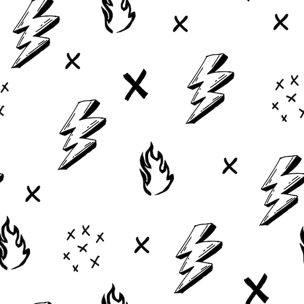 Plik wektorowy Ładny czarno-biały wzór z ogniem, błyskawicami, krzyże bezszwowe tło. tekstylia do tekstyliów