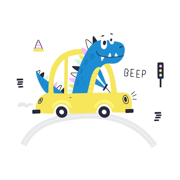 Ładny Dino Jedzie Samochodem Wydruk Dla Dzieci Może Być Używany Do Projektowania Koszulek Z życzeniami Ilustracja Wektora