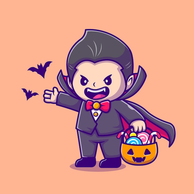 Ładny Dracula trzymając kosz dyni z cukierków i nietoperzy ikona ilustracja kreskówka. Koncepcja ludzie wakacje ikona na białym tle. Płaski styl kreskówki