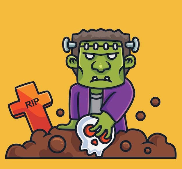 Ładny Frankenstein Trzymający Czaszkę Cmentarz Kreskówka Koncepcja Halloween Na Białym Tle Ilustracja Płaski Styl