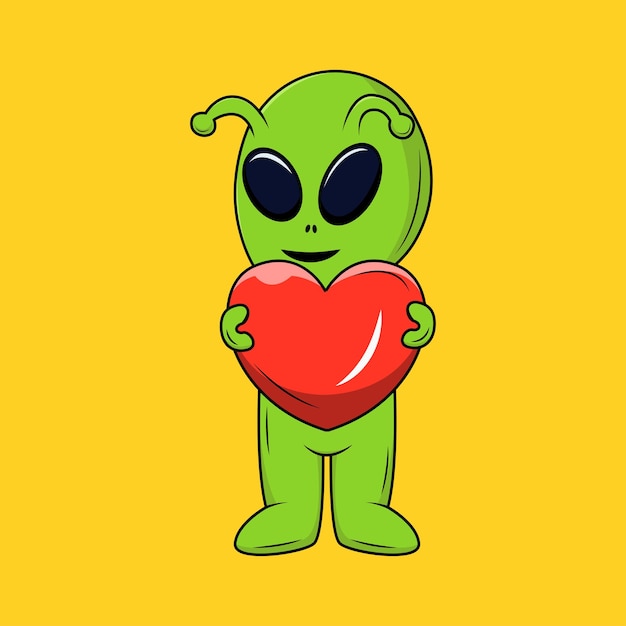Ładny gospodarstwa wielkie serce Alien kreskówka naklejki wektor ilustracja