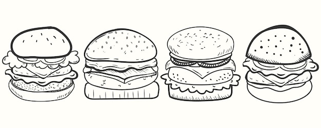 Plik wektorowy Ładny handdrawn burger w stylu doodle zestaw ilustracji hamburgery