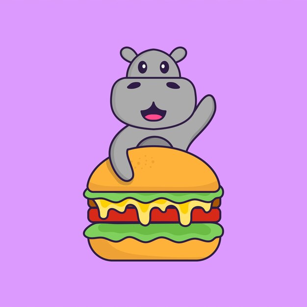 Ładny Hipopotam Jedzenie Burgera. Koncepcja Kreskówka Zwierzę Na Białym Tle.