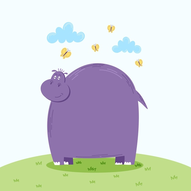 Ładny Hipopotam Stojący Z Uśmiechem. Zabawny Szczęśliwy Hipopotam. Ilustracja Kolorowy Płaski Wektor.
