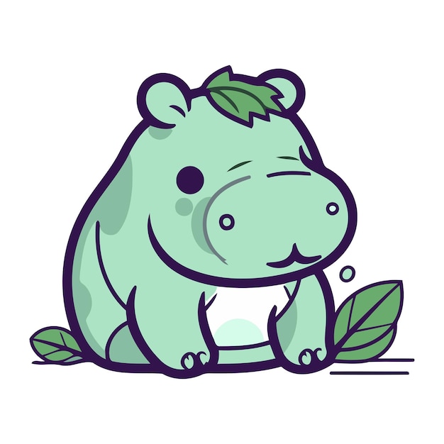 Ładny Hipopotam Z Zielonymi Liśćmi Na Białym Tle Ilustracja Wektorowa