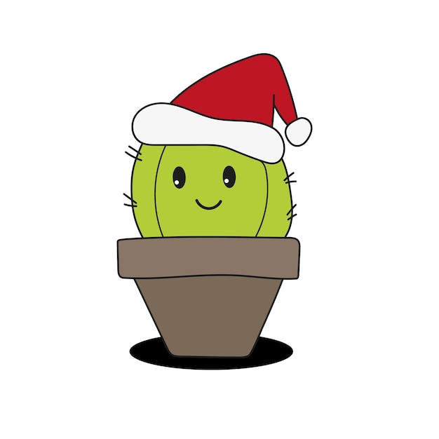 Ładny I Zabawny Kaktus Tłuszczu Na Sobie Kapelusz Santa Na Boże Narodzenie I Uśmiechnięty - Wektor.