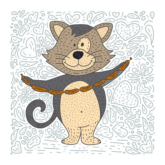 Plik wektorowy Ładny ilustracji wektorowych doodle wyciągnąć rękę kota z kiełbaskami