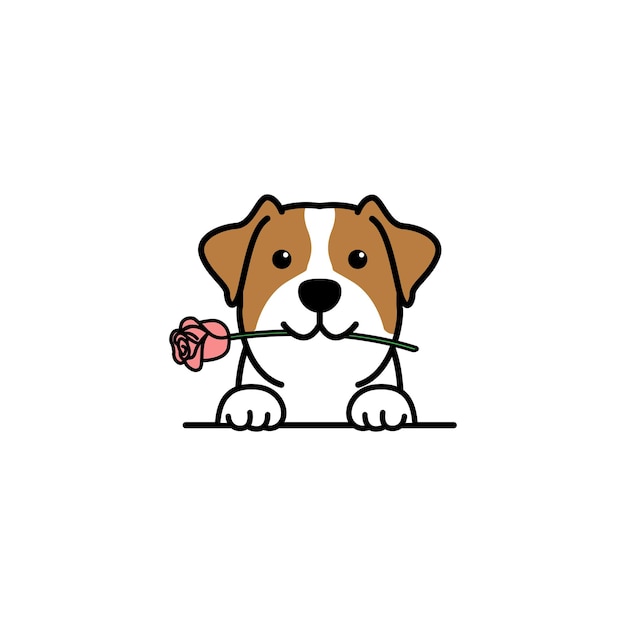 Ładny Jack Russell Terrier Szczeniak Trzyma Różę W Ustach Kreskówki, Ilustracji Wektorowych
