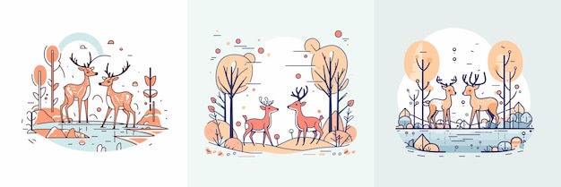 Ładny jeleń w lesie zestaw kolekcji jesień zwierząt ilustracja kreskówka