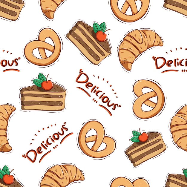 ładny kawałek ciasta i rogalik w jednolity wzór w stylu doodle