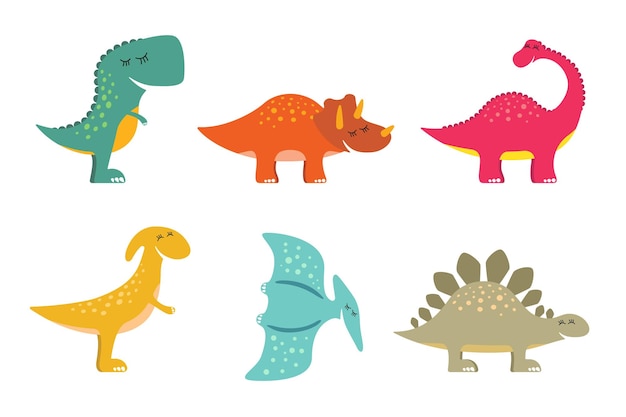 Plik wektorowy Ładny kolorowy dino zestaw miły uśmiechający się dinozaur kolekcja kreskówka graficzny brontozaur tyranozaur