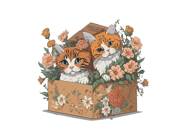 Ładny Kot Ilustracji Wektorowych W Pudełku Ozdobionym Kwiatami