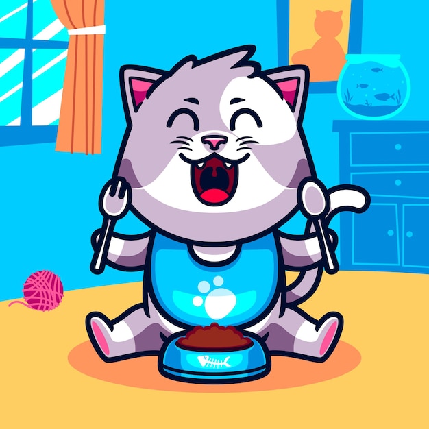 Plik wektorowy Ładny kot jedzenie ilustracja kreskówka