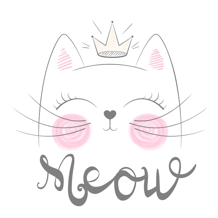 Wektor ładny kot meow ilustracja. śmieszna księżniczka i korona na t-shirt z nadrukiem. ręcznie rysowane stylu.