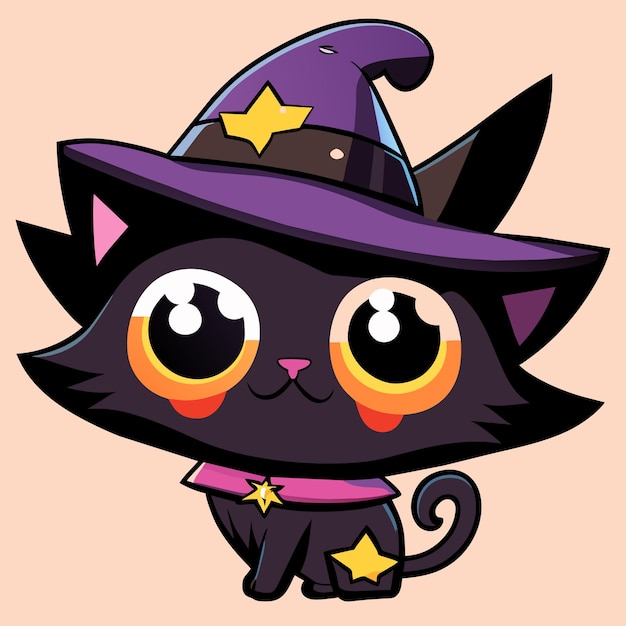 Plik wektorowy Ładny kot rysunek z kapeluszem czarownicy ręcznie rysowane kreskówka naklejka ikona koncepcja na białym tle ilustracja