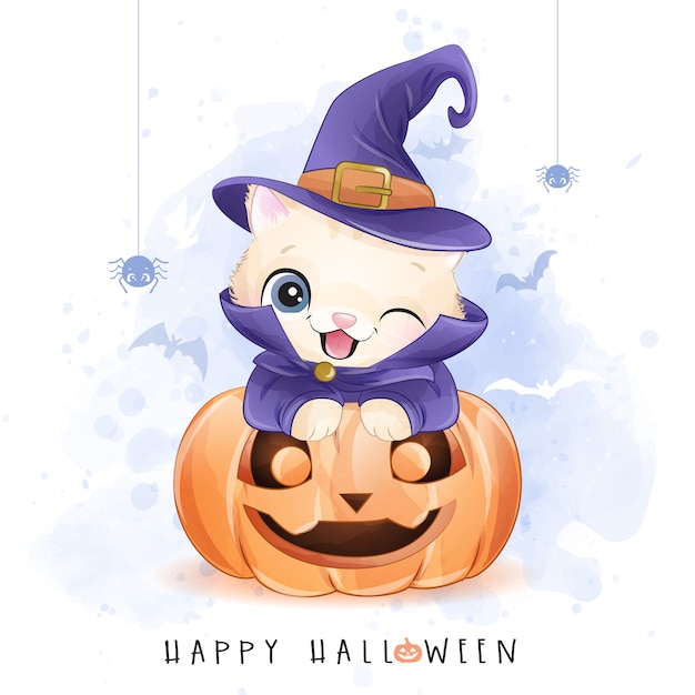 Ładny Kotek Na Dzień Halloween Z Akwarelą Ilustracji