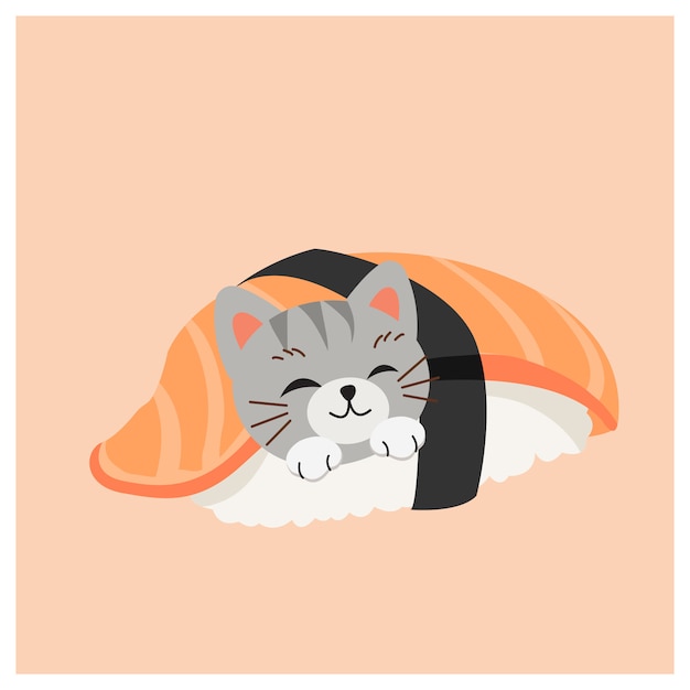 Ładny kotek w sushi, japońskie sushi, sushi z łososia.