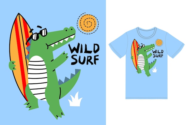 Plik wektorowy Ładny krokodyl surfing ilustracja z tshirt design premium wektor