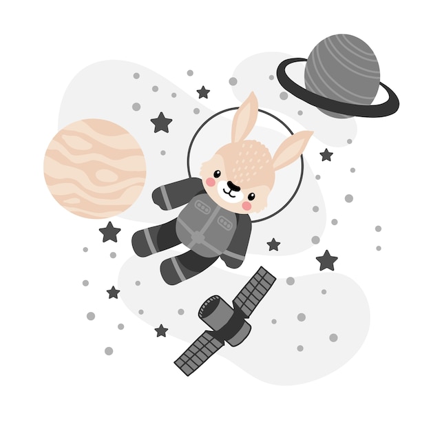 Ładny Królik Astronauta Kreskówka Doodle Ilustracja