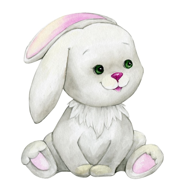 Ładny królik, siedzący, akwarela, styl kreskówki, na na białym tle.