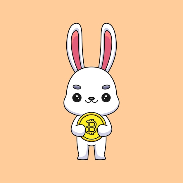 Ładny królik trzymając bitcoin kreskówka maskotka doodle sztuka ręcznie rysowane zarys koncepcja wektor kawaii ikona ilustracja
