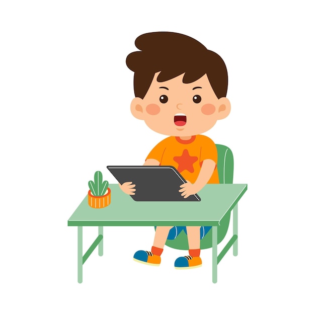 Plik wektorowy Ładny mały chłopiec używa tabletu graficznego