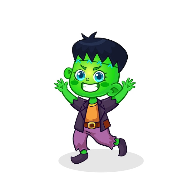 Ładny Mały Frankenstein Dziecko Postać Z Kreskówki Wektor. Dziecko W Kostiumie Na Halloween.