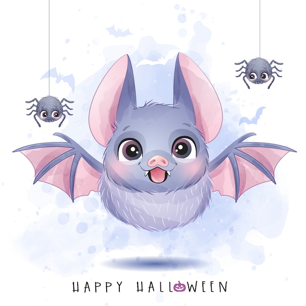 Ładny Mały Nietoperz I Pająk Na Dzień Halloween Z Akwarelą Ilustracji