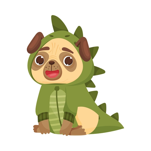 Ładny mops w zielonym kostiumie dinozaura Ilustracja wektorowa na białym tle