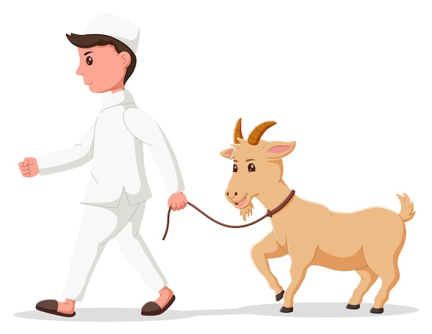 Ładny muzułmański chłopiec z kozą kreskówki Ręcznie rysowane eid aladha chłopiec i koza ilustracja