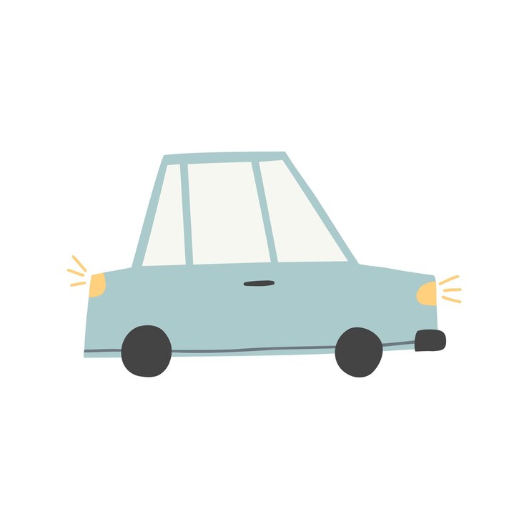 Ładny niebieski samochód na białym tle. Kreskówka samochód teksturowanej doodle rysunek clipart. Ilustracja wektorowa płaski w stylu skandynawskim, druk dla dzieci