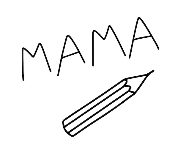 Ładny Ołówek I Słowo Mama Doodle Ręcznie Rysowane Naiwny Monochromatyczne Ilustracja Na Białym Tle