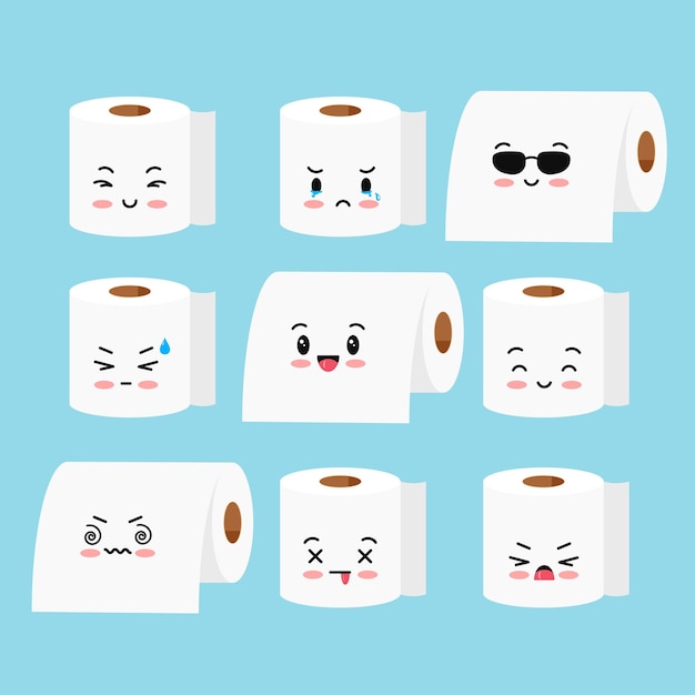 Ładny Papier Toaletowy Rolki Wektor Zestaw Emoji Na Białym Tle. Słodki Szczęśliwy I Smutny Emotikon Rolki Papieru Toaletowego. Płaska Konstrukcja Ilustracja Kreskówka Stylu Kawaii.