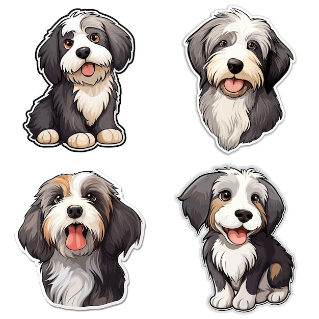 Ładny pies i szczenięta wektor zestaw kolekcji Bearded Collie