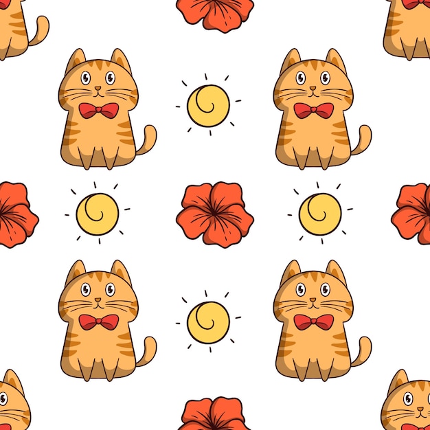 Ładny Pomarańczowy Kot Ze Słońcem I Kwiatem W Bezszwowym Wzorze Z Kolorowym Stylem Doodle Na Białym Tle