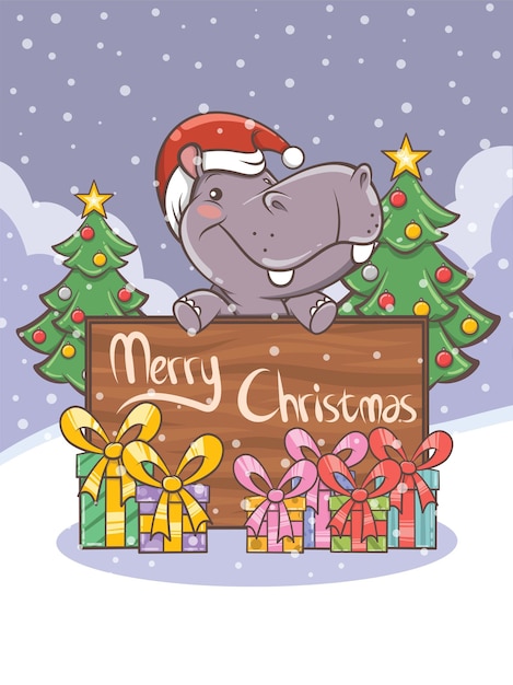 Ładny Postać Z Kreskówki Hipopotama - Ilustracja Boże Narodzenie