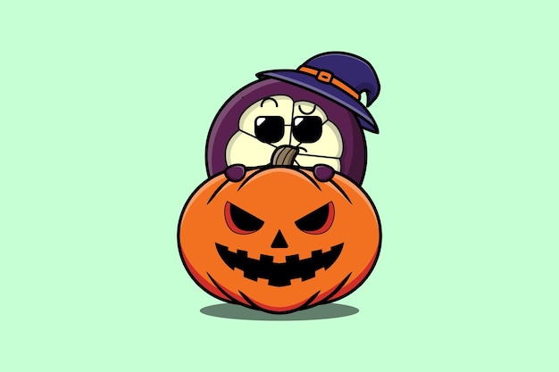 Ładny Postać Z Kreskówki Mangostanu Ukrywa Się W Dyniowej Ilustracji Halloween W Płaskim Nowoczesnym Stylu