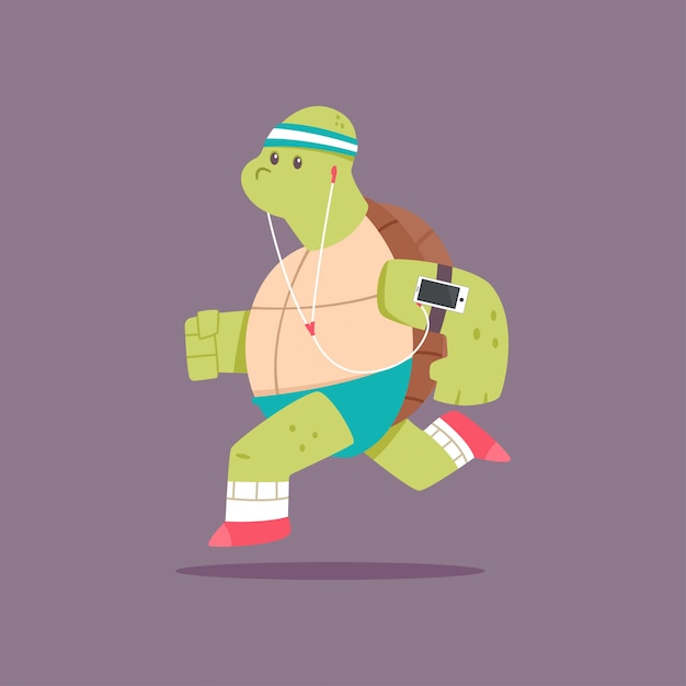 Ładny Postać Z Kreskówki żółw Robi ćwiczenia. Fitness I Zdrowy Styl życia. Ilustracja śmieszne Zwierzę