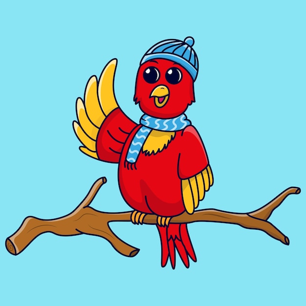 Ładny ptak nosić wełniany kapelusz i szalik ilustracja kreskówka wektor