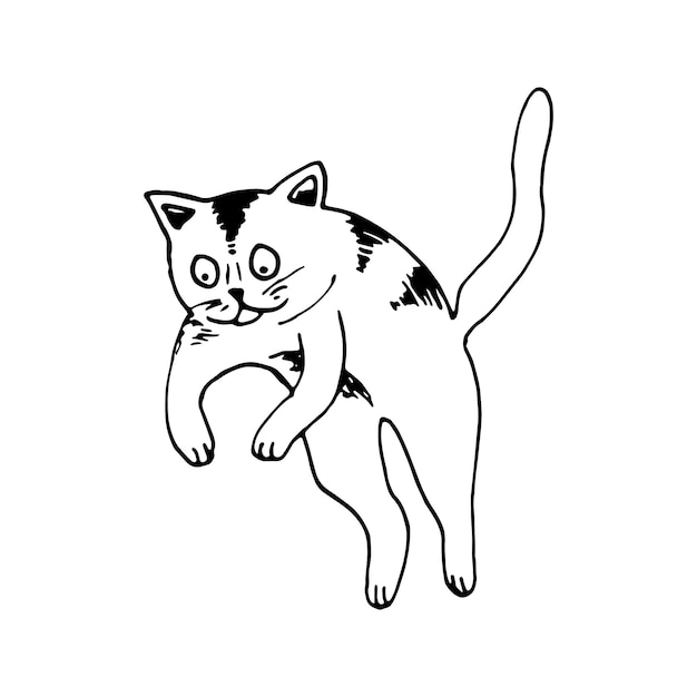 Ładny ręcznie rysowane kot w skokach ruchu na białym tle. Wektor urocze zwierzęta w modnym stylu skandynawskim. Zabawna, urocza, ilustracja hygge na plakat, baner, druk, dekoracja pokoju zabaw dla dzieci.