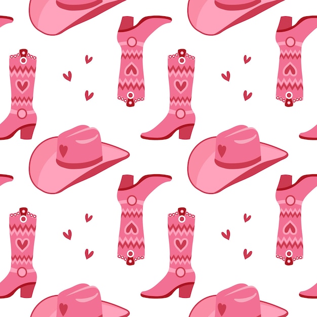 Plik wektorowy Ładny różowy wzór z retro kowbojkami i kowbojskimi butami nadruk w tle dla dziewczynek