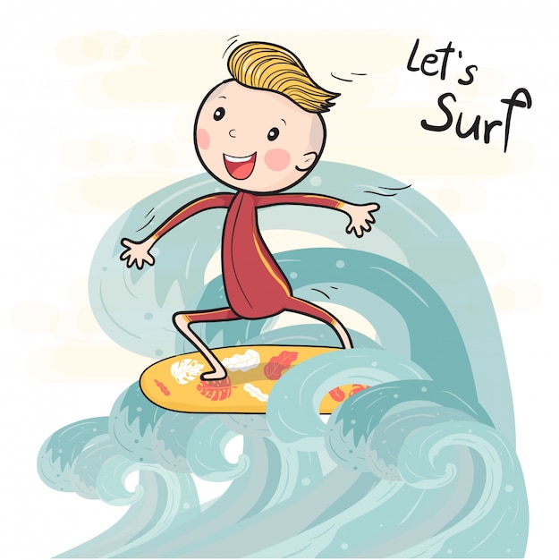 Ładny Rysunek Surfowania Chłopiec Na Desce Surfingowej Pływających Na Duża Fala