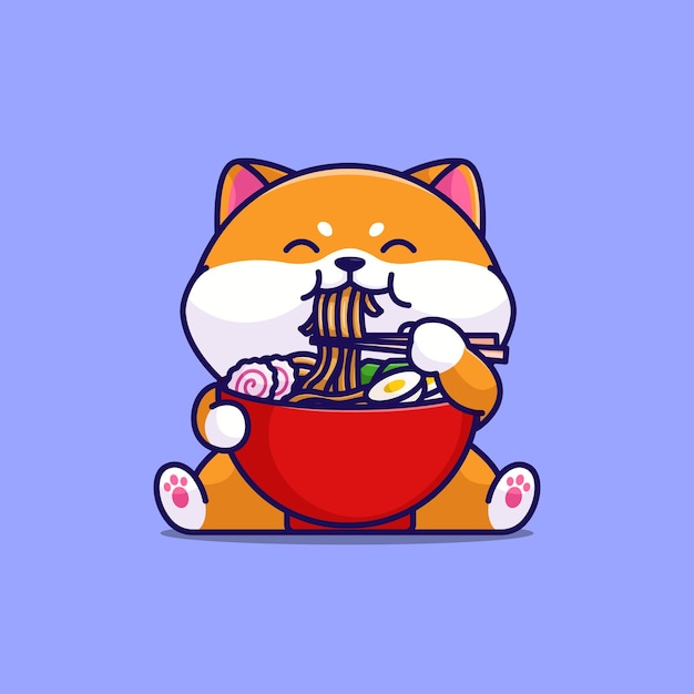 Ładny shiba inu jedzenie makaronu ramen prosta kreskówka wektor ilustracja zwierzę jedzenie ikona