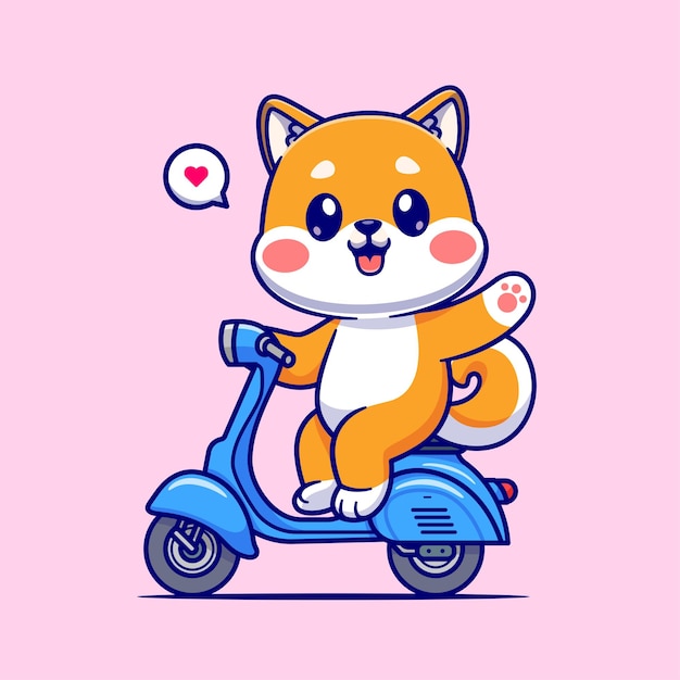 Ładny Shiba Inu macha ręką na skuter kreskówka wektor ikona ilustracja ikona transportu zwierząt