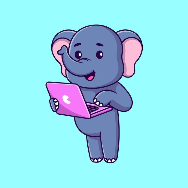 Plik wektorowy Ładny słoń grający na laptopie kreskówka wektor ikony ilustracja